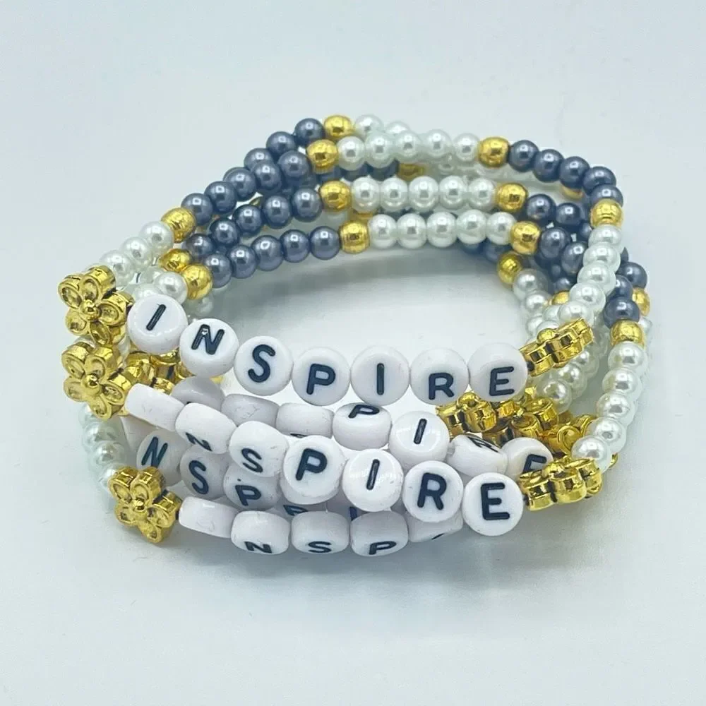 Inspire spell out beaded stretch bracelet ONE NEW Stackable pearl beads white gr